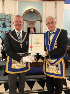 On Monday 8th April Guys Lodge No 395 hosted the presentation of a 50-year certificate to W Bro Colin Lovegrove, PProvGSwdB, in the presence of over 40 members and guests. 